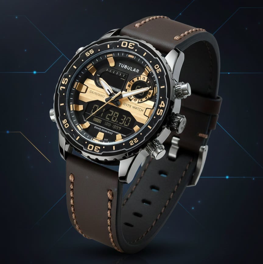 Tubular Original Men's Watch-Quartz Movement Leather Strap Rotatable Bezel Light Function Analogue + Digital Working - Jewelsoftime