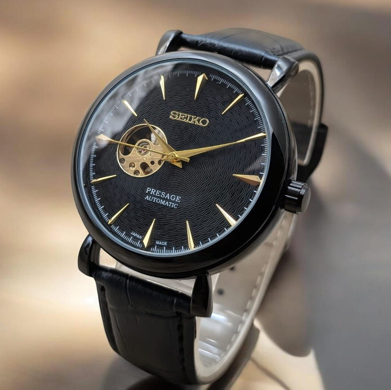 Seiko Presage Automatic watch Skeleton Dial & Back Leather strap Buckle Lock - Jewelsoftime