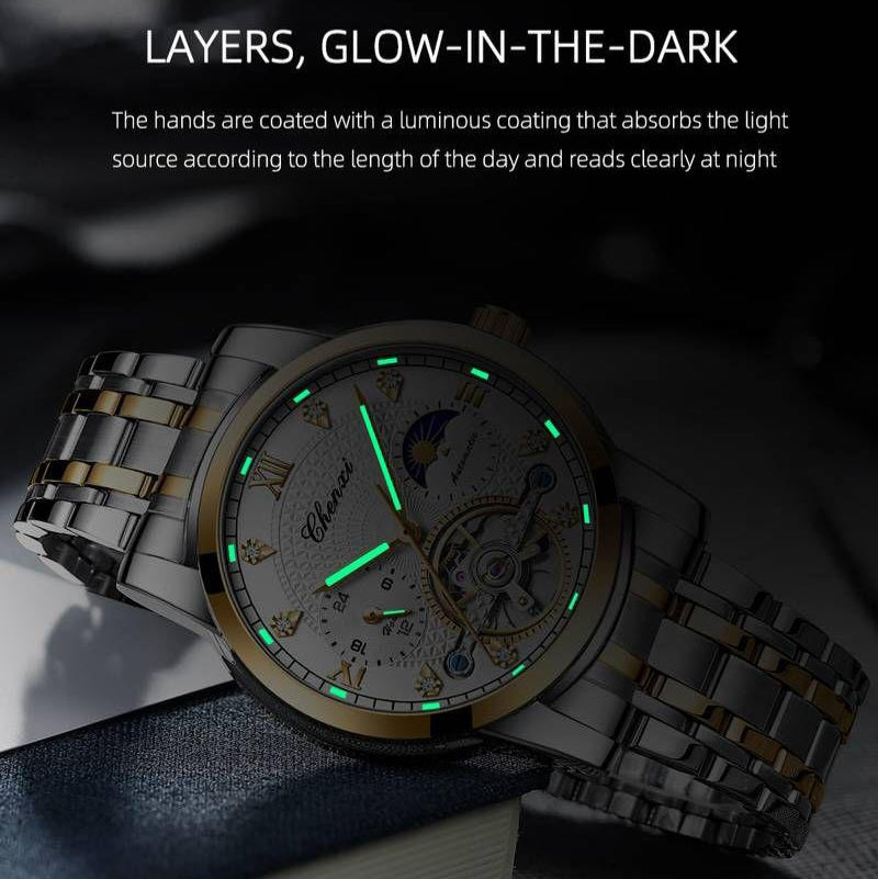 Chenxi Automatic Tourbillion Model Moon Phase Working Chrono working Skeleton Dial Mens Watch - Jewelsoftime