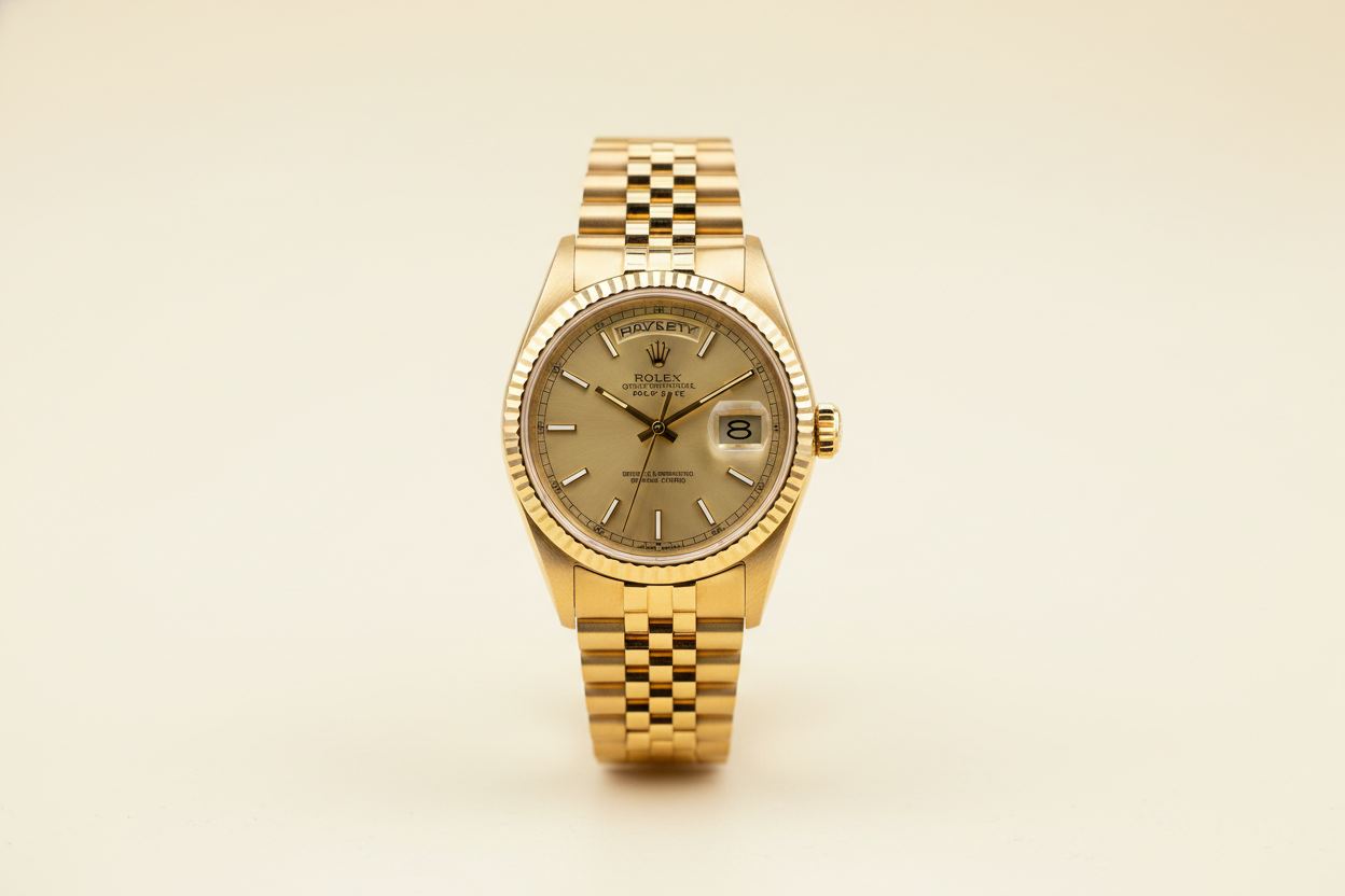 Create a picture with a creamy white background — light enough to look white but still make white text visible on it. Place a straight golden Rolex watch in the center, aligned straight, and make the overall image look luxurious and elegant.