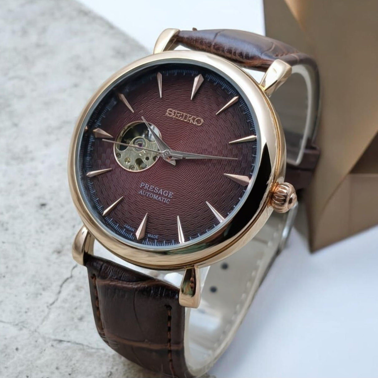 Seiko Presage Automatic watch Skeleton Dial & Back Leather strap Buckle Lock - Jewelsoftime