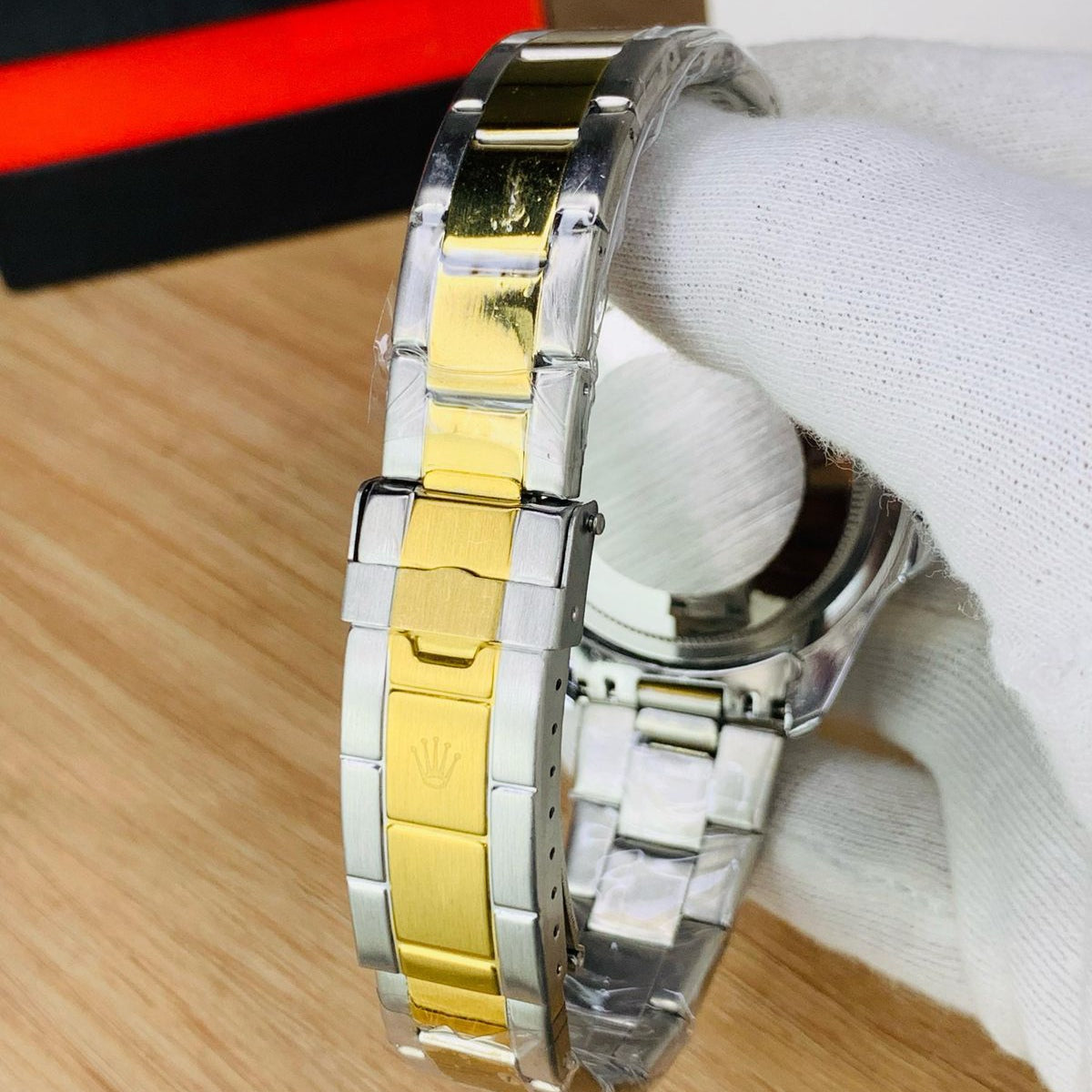 Two Tone Mens Silver Chain Wrist Watch With Black Dial - ROLEX SUBMARINER - Jewelsoftime