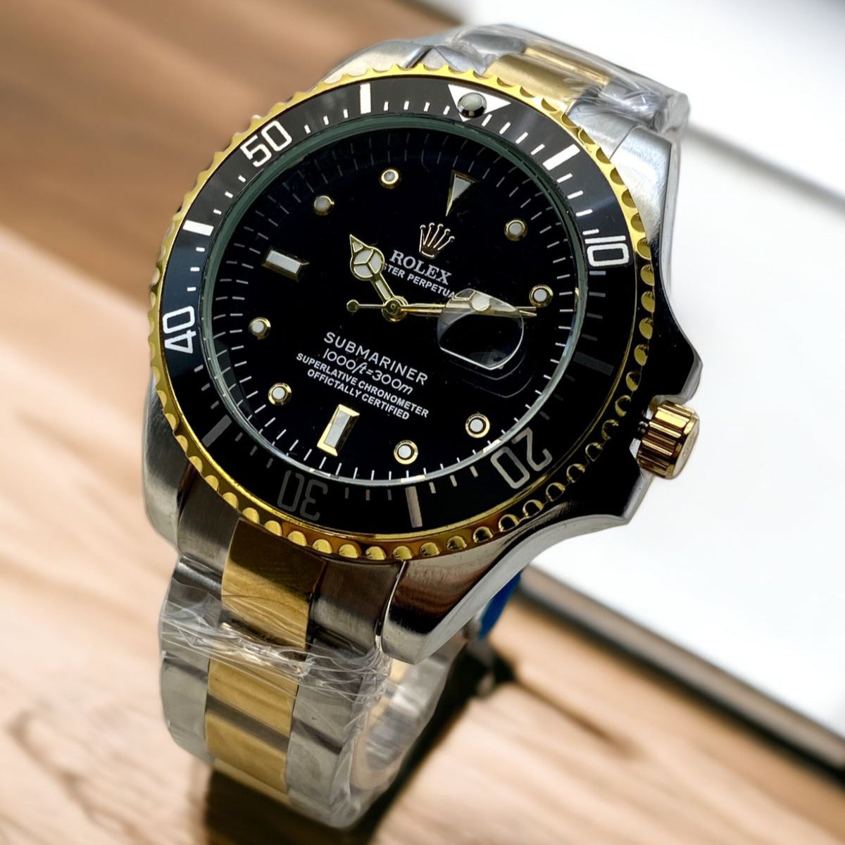 Two Tone Mens Silver Chain Wrist Watch With Black Dial - ROLEX SUBMARINER - Jewelsoftime