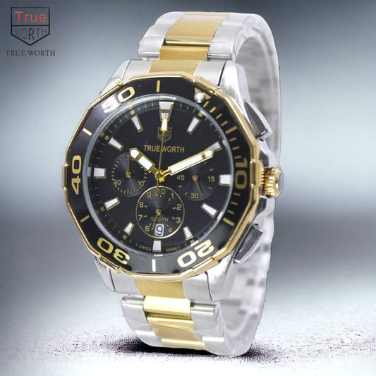 TRUE WORTH BRANDED CHRONOGRAPH MEN'S WATCH - ORIGINAL GOLDEN SILVER TIMEPIECE - Jewelsoftime