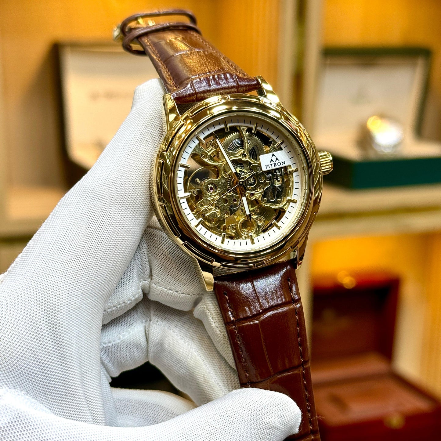 Fitron Skeleton Automatic Watch Leather Strap Buckle Lock Premium Quality - Jewelsoftime