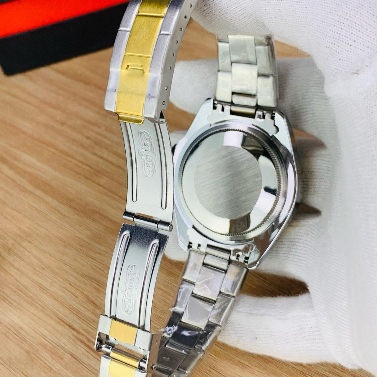 Two Tone Mens Silver Chain Wrist Watch With Black Dial - ROLEX SUBMARINER - Jewelsoftime