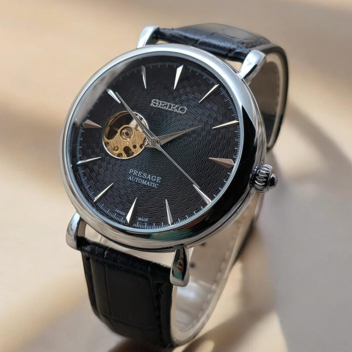 Seiko Presage Automatic watch Skeleton Dial & Back Leather strap Buckle Lock - Jewelsoftime