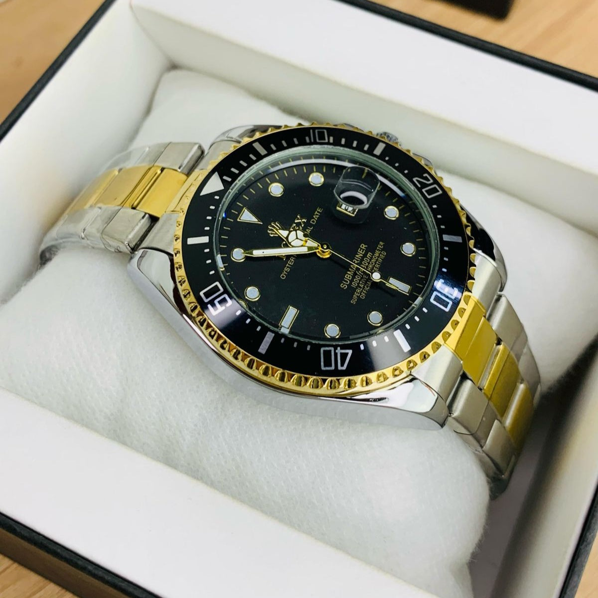 Two Tone Mens Silver Chain Wrist Watch With Black Dial - ROLEX SUBMARINER - Jewelsoftime