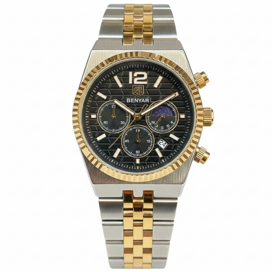 BENYAR Men's Watch Steel Belt Quartz Movement Date Working Chronograph Working Day/Night Phase Master Lock - Jewelsoftime