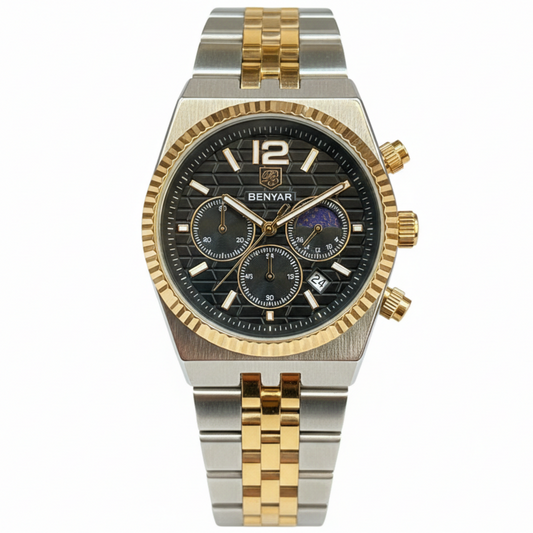 BENYAR Men's Watch Steel Belt Quartz Movement Date Working Chronograph Working Day/Night Phase Master Lock - Jewelsoftime