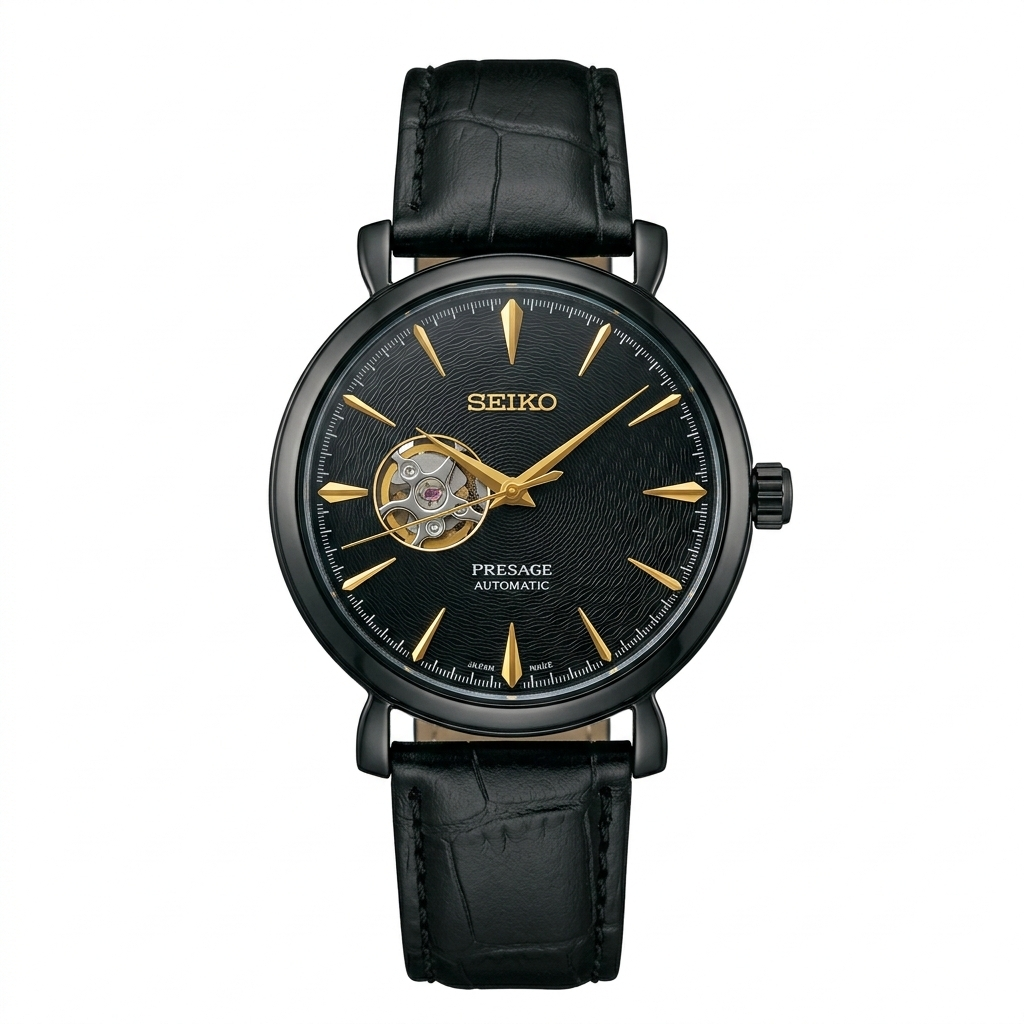 Seiko Presage Automatic watch Skeleton Dial & Back Leather strap Buckle Lock - Jewelsoftime