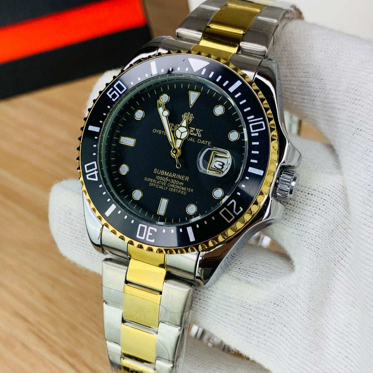 Two Tone Mens Silver Chain Wrist Watch With Black Dial - ROLEX SUBMARINER - Jewelsoftime