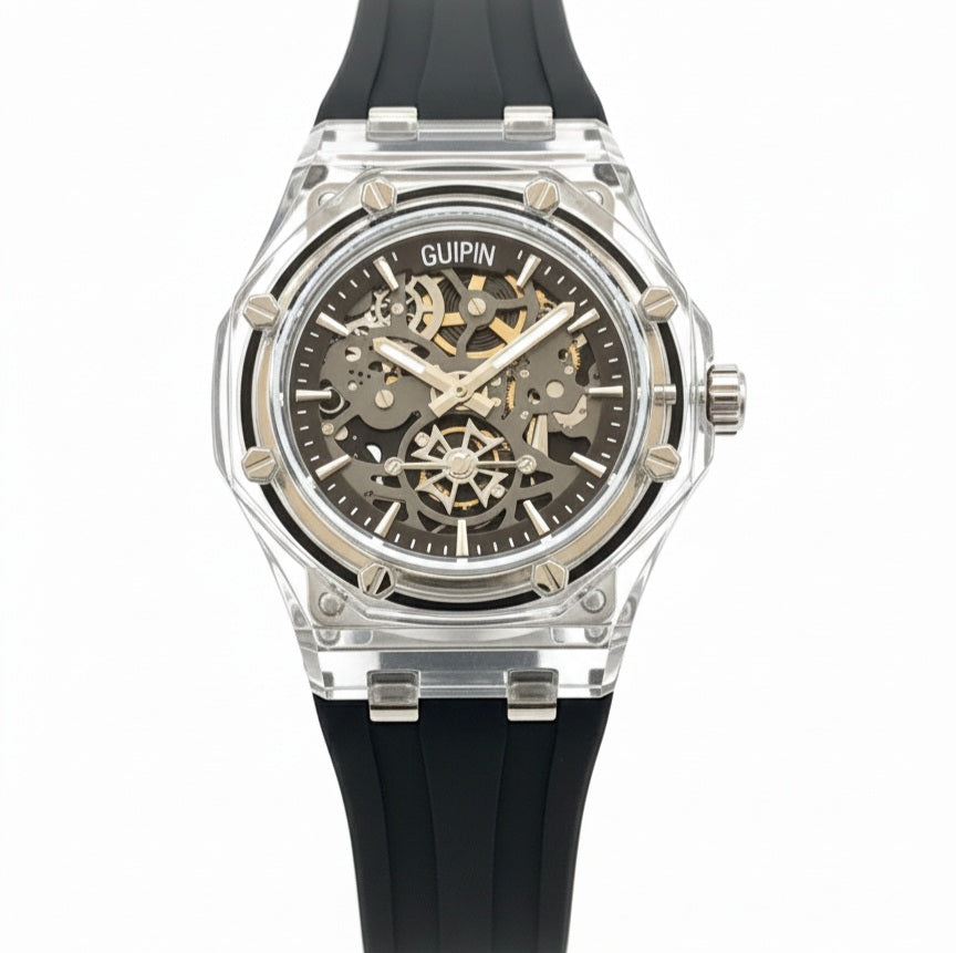 Guipin Original Semi Auto Skeleton Dial Men's Watch Rubber Strap - Jewelsoftime