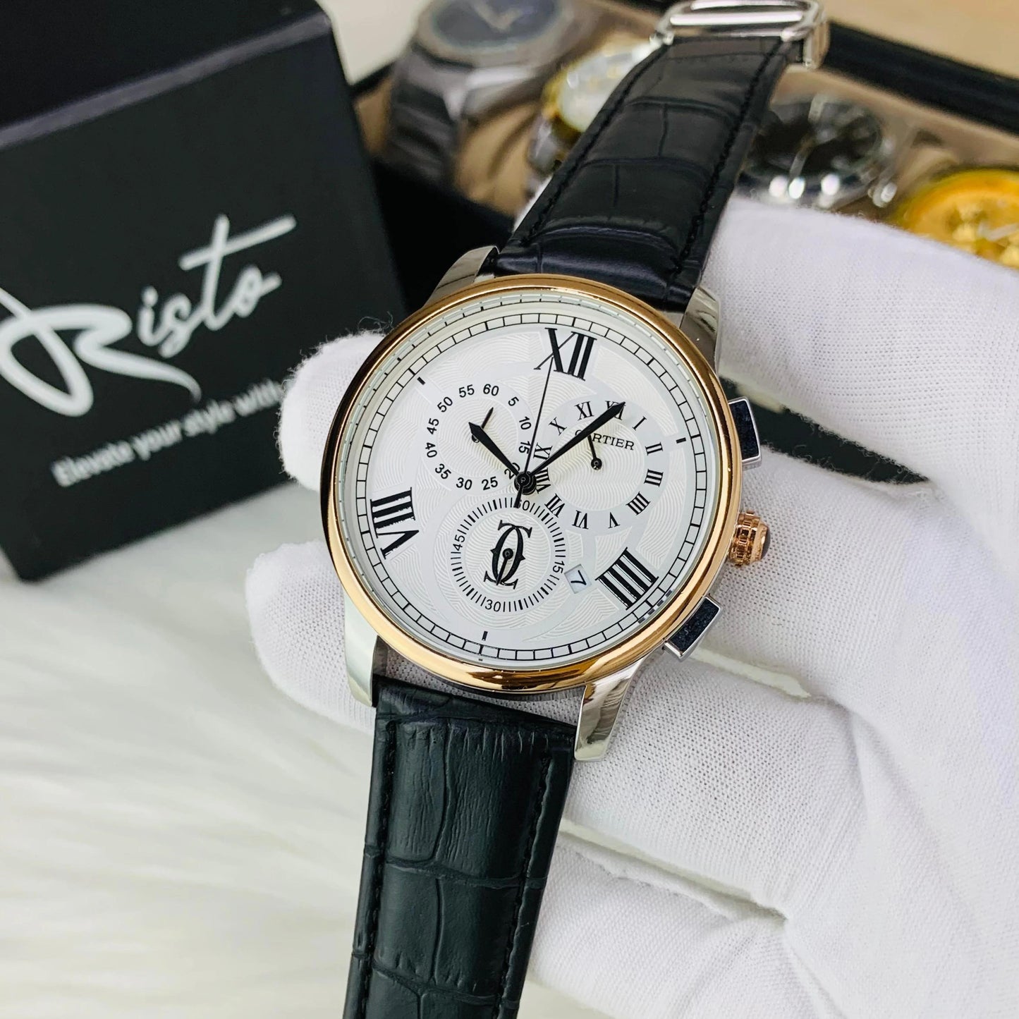 Cartier Men's Watch leather strap Automatic Movement Chronograph Down-Second Working Master Lock Clasp - Jewelsoftime