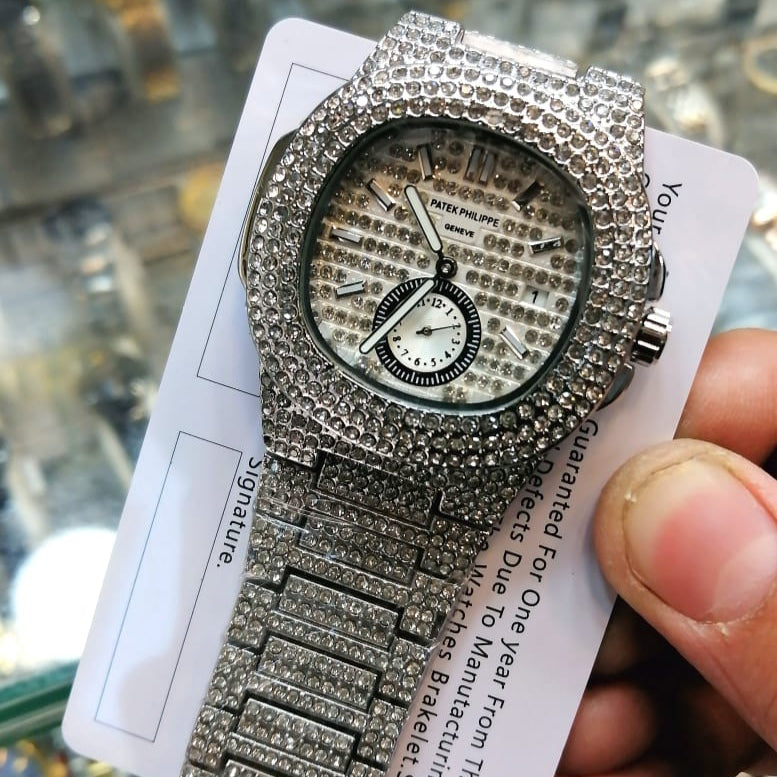 NEW SUPER LUXURY PHATEK PHILLPE STYLE FULL ICED OUT WATCH – DATE & SECOND WORKING WITH BUTTERFLY LOCK - Jewelsoftime
