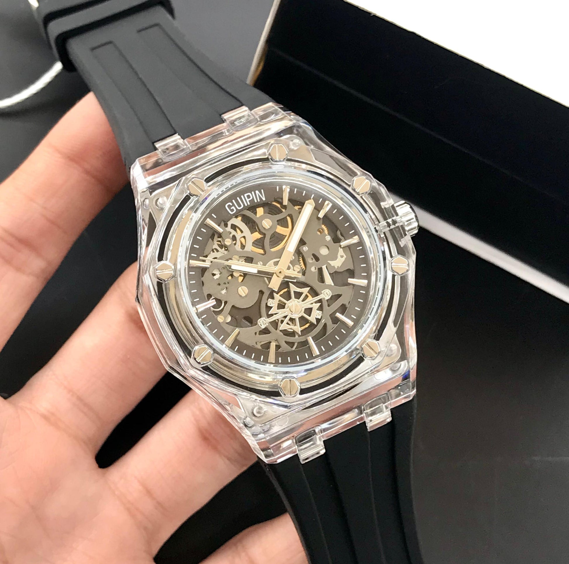 Guipin Original Semi Auto Skeleton Dial Men's Watch Rubber Strap - Jewelsoftime