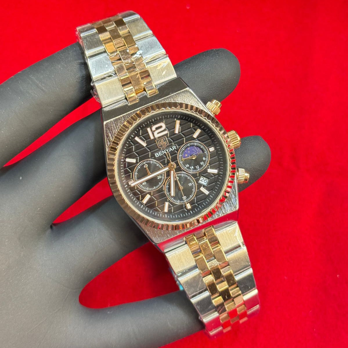 BENYAR Men's Watch Steel Belt Quartz Movement Date Working Chronograph Working Day/Night Phase Master Lock - Jewelsoftime