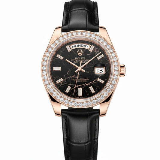 Rolex Men's Automatic Watch Day-Date Diamond Bezel-Leather Strap - Jewelsoftime