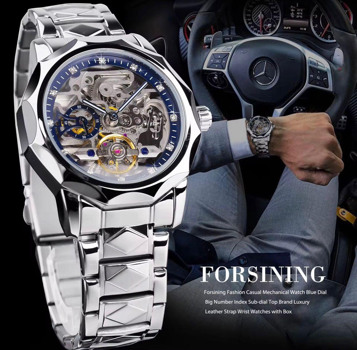 Forsining 199 Skeleton Watch Tourbillon Movement Automatic Square Mechanical Men's Watches Stainless Steel Case - Jewelsoftime