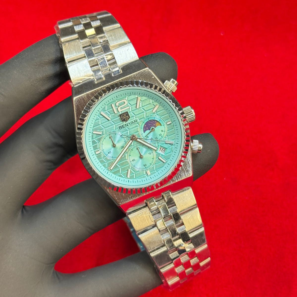 BENYAR Men's Watch Steel Belt Quartz Movement Date Working Chronograph Working Day/Night Phase Master Lock - Jewelsoftime