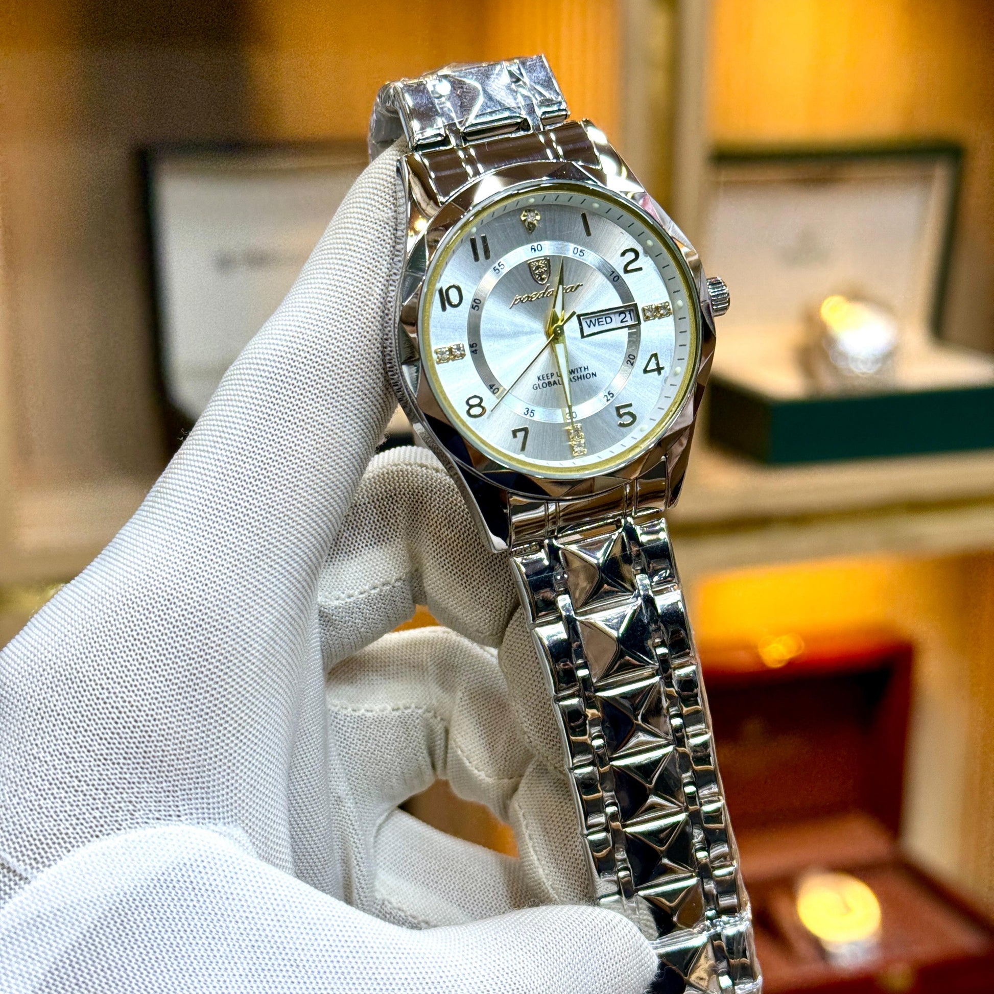 POEDAGAR Original Men's Watch Quartz Movement Date & Day Working Metal Strap Butterfly Lock - Jewelsoftime