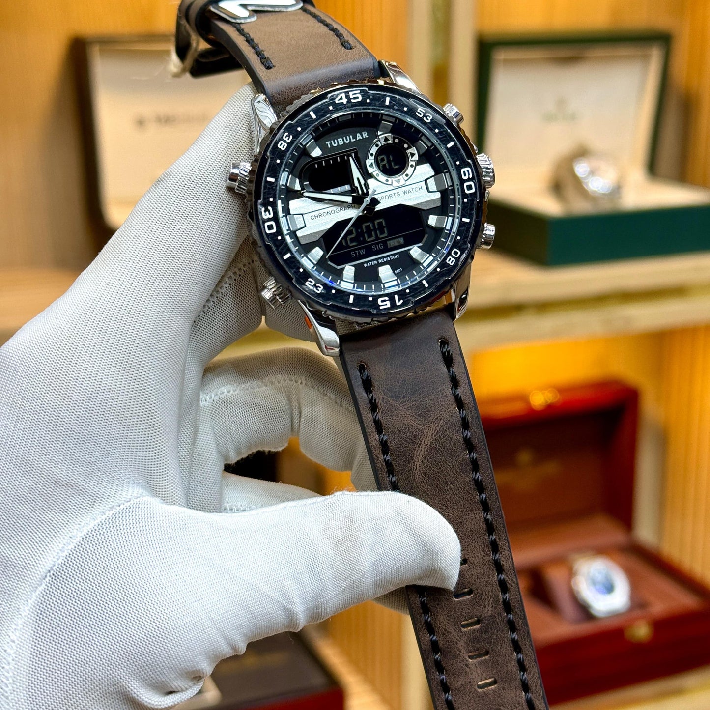 Tubular Original Men's Watch-Quartz Movement Leather Strap Rotatable Bezel Light Function Analogue + Digital Working - Jewelsoftime