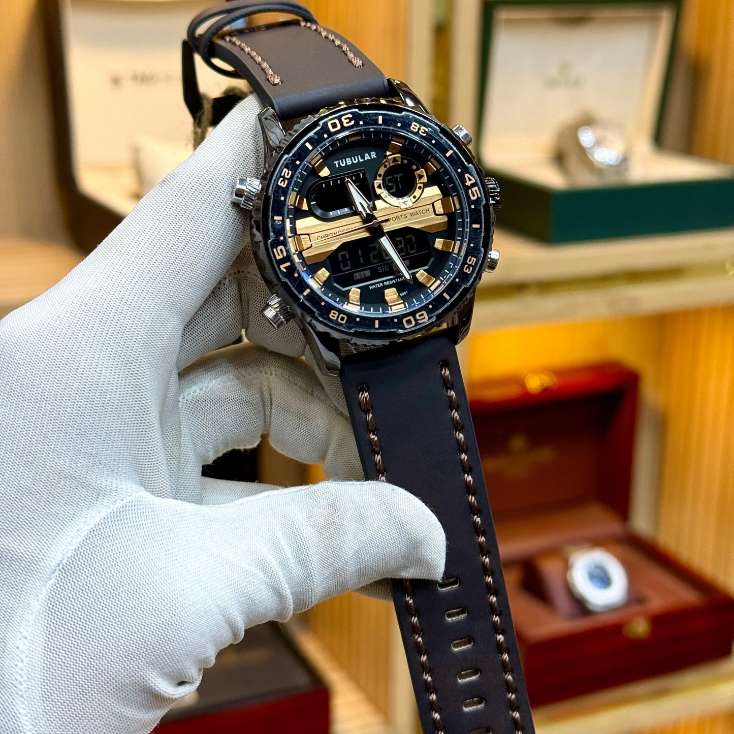 Tubular Original Men's Watch-Quartz Movement Leather Strap Rotatable Bezel Light Function Analogue + Digital Working - Jewelsoftime