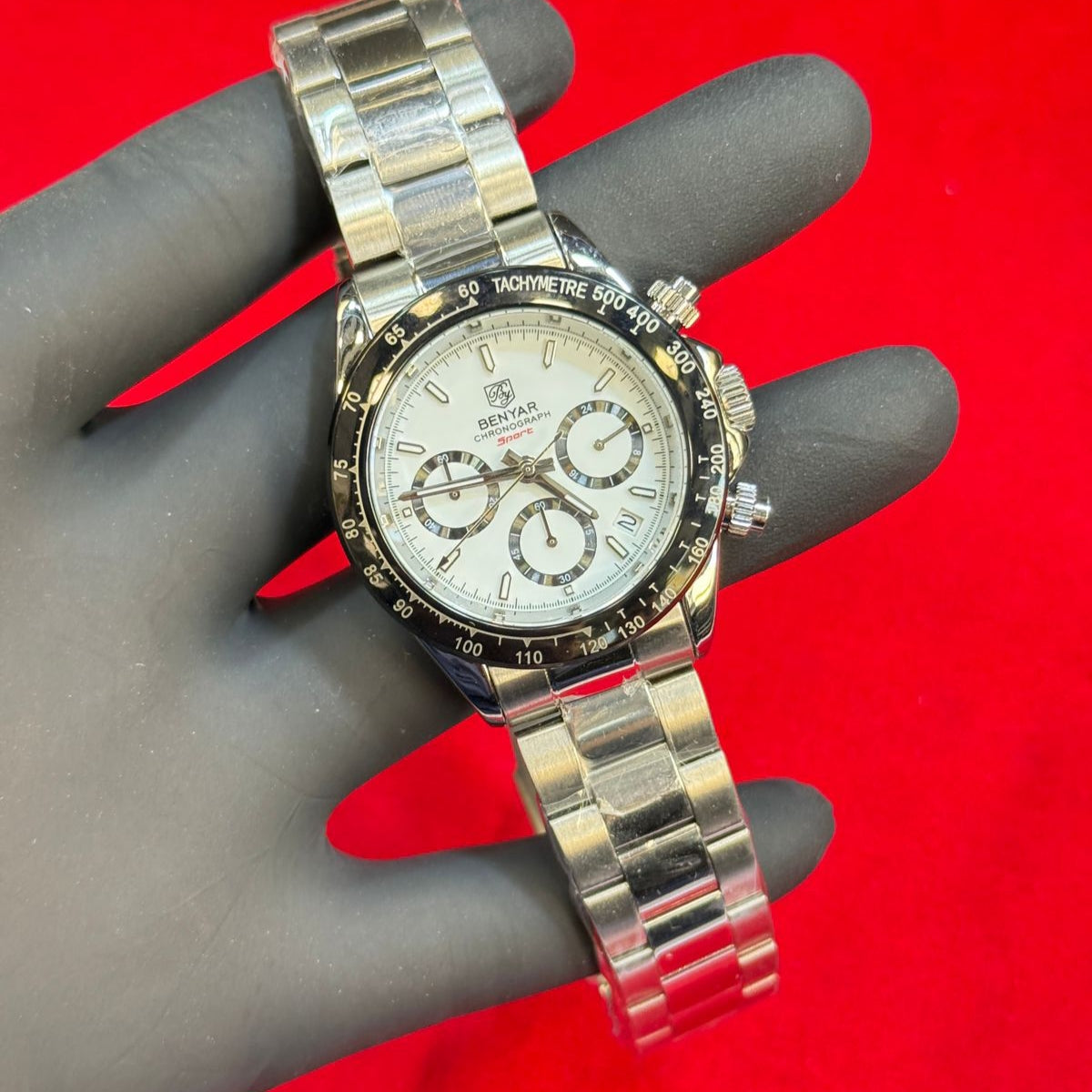 BENYAR Men’s Premium Chronograph Watch Steel Chain Quartz Movement Date Working Master Lock - Jewelsoftime