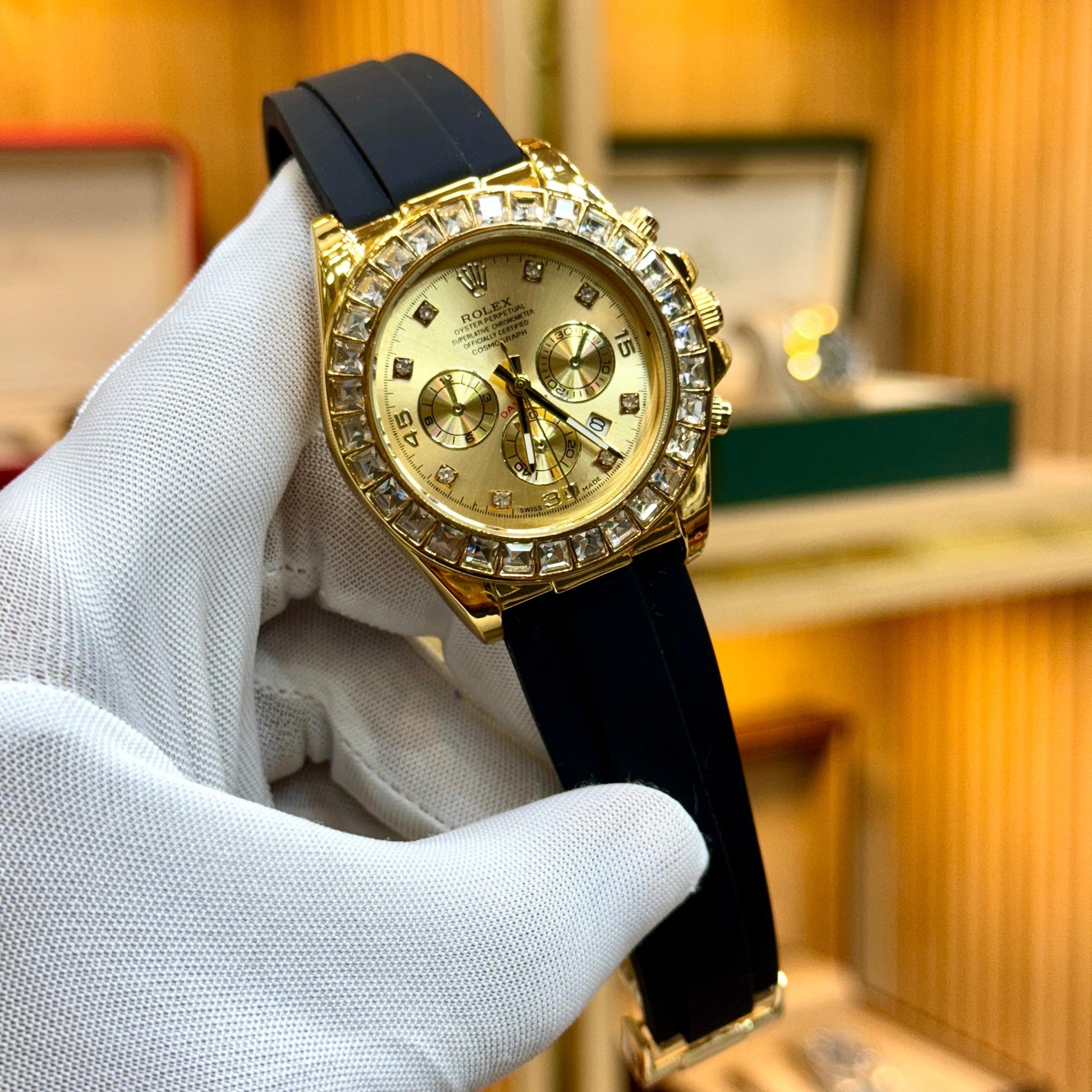 ROLEX SECOND COPY QUARTZ MEN'S WATCH WITH DATE, STONE BEZEL & RUBBER STRAP - Jewelsoftime