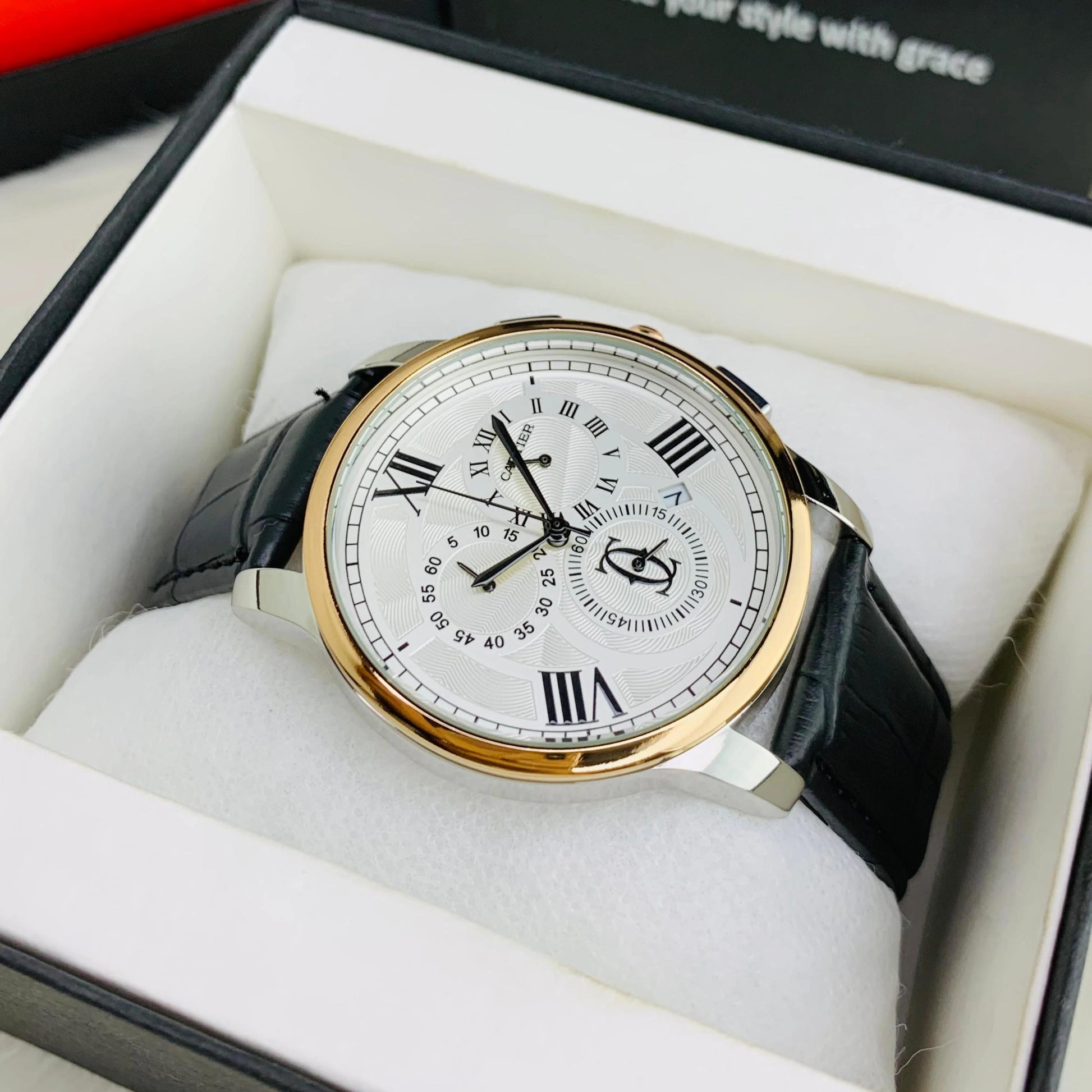 Cartier Men's Watch leather strap Automatic Movement Chronograph Down-Second Working Master Lock Clasp - Jewelsoftime