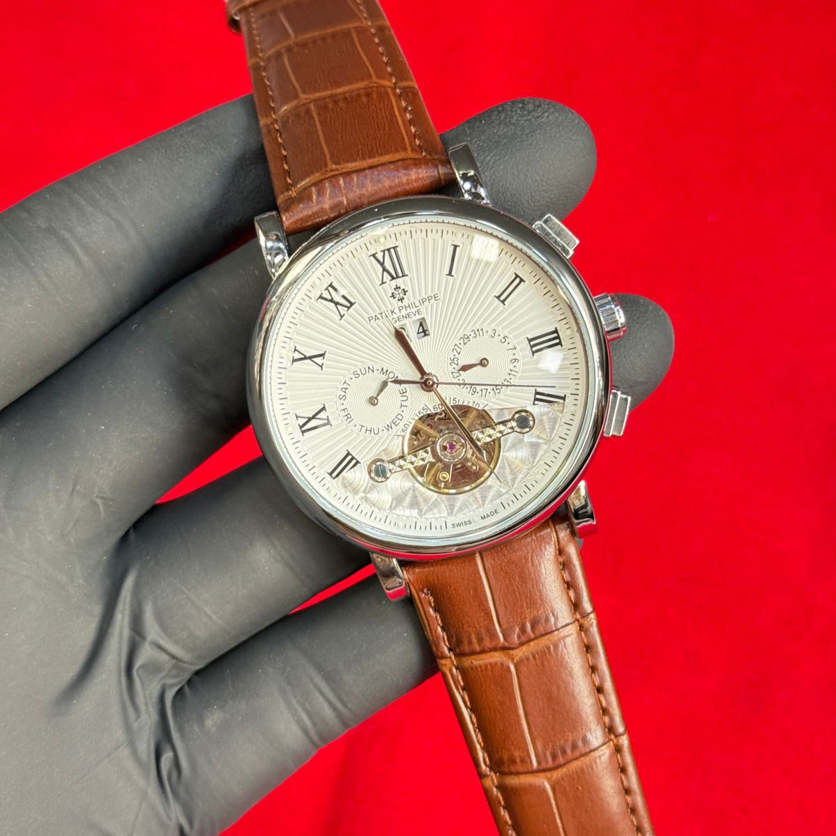 Patek Philippe Men's Watch Century Model–Automatic Movement Chronometer Working Pendulum Visible Leather Strap Master Lock - Jewelsoftime