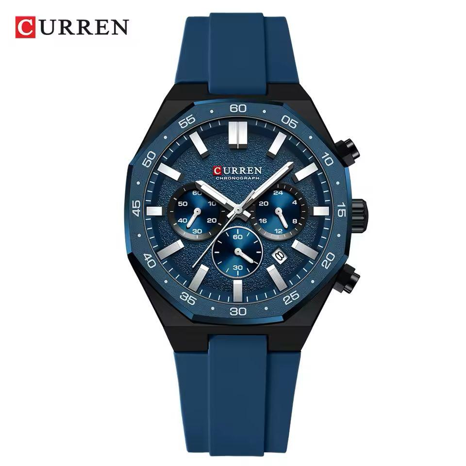 Blue Curren watch with a white dial on a white background