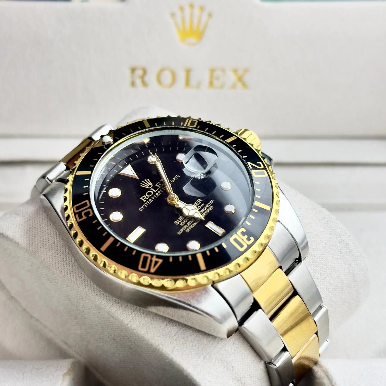 Two Tone Mens Silver Chain Wrist Watch With Black Dial - ROLEX SUBMARINER - Jewelsoftime
