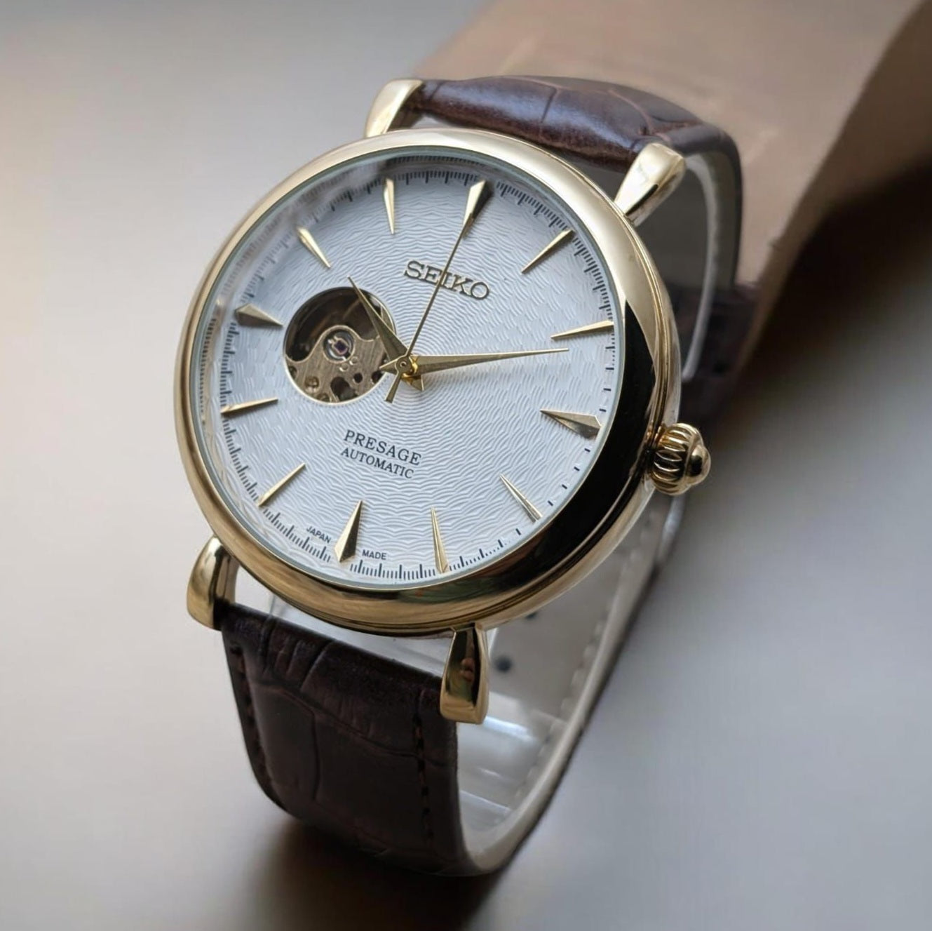 Seiko Presage Automatic watch Skeleton Dial & Back Leather strap Buckle Lock - Jewelsoftime