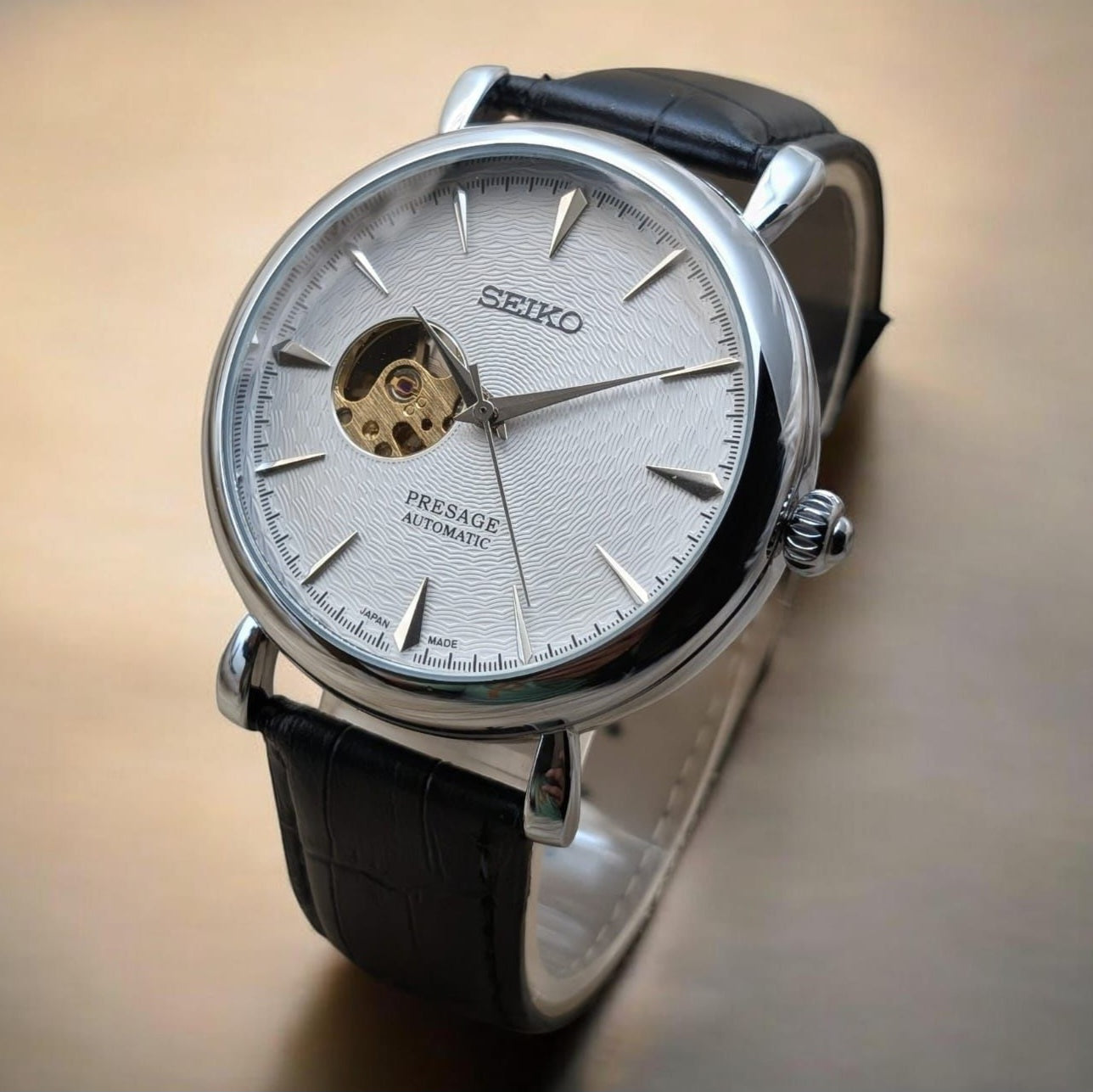 Seiko Presage Automatic watch Skeleton Dial & Back Leather strap Buckle Lock - Jewelsoftime