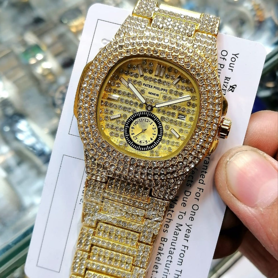 NEW SUPER LUXURY PHATEK PHILLPE STYLE FULL ICED OUT WATCH – DATE & SECOND WORKING WITH BUTTERFLY LOCK - Jewelsoftime