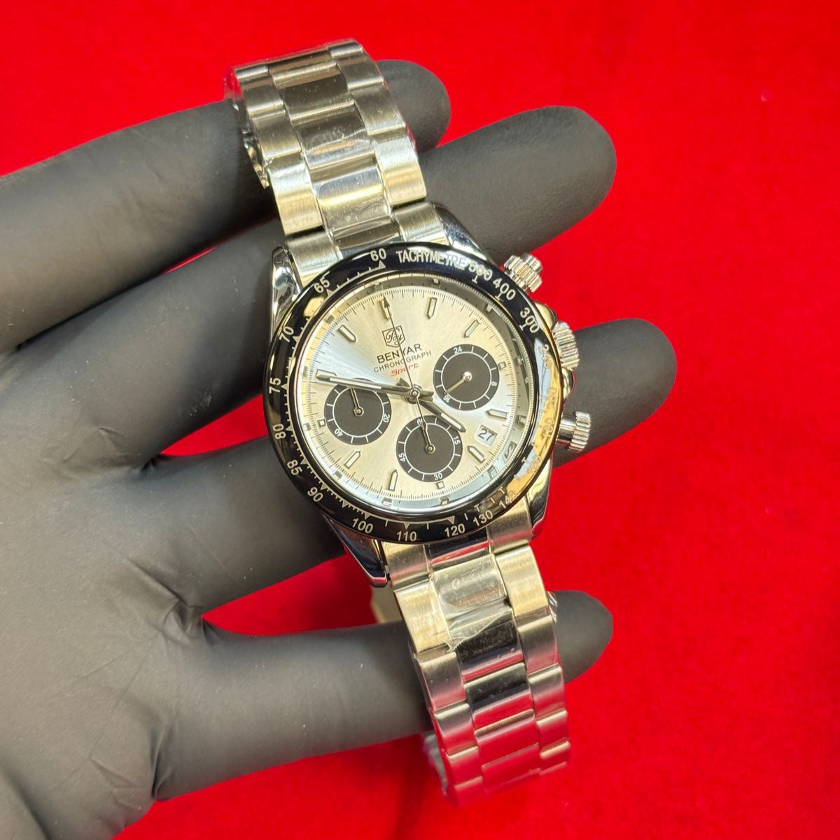 BENYAR Men’s Premium Chronograph Watch Steel Chain Quartz Movement Date Working Master Lock - Jewelsoftime