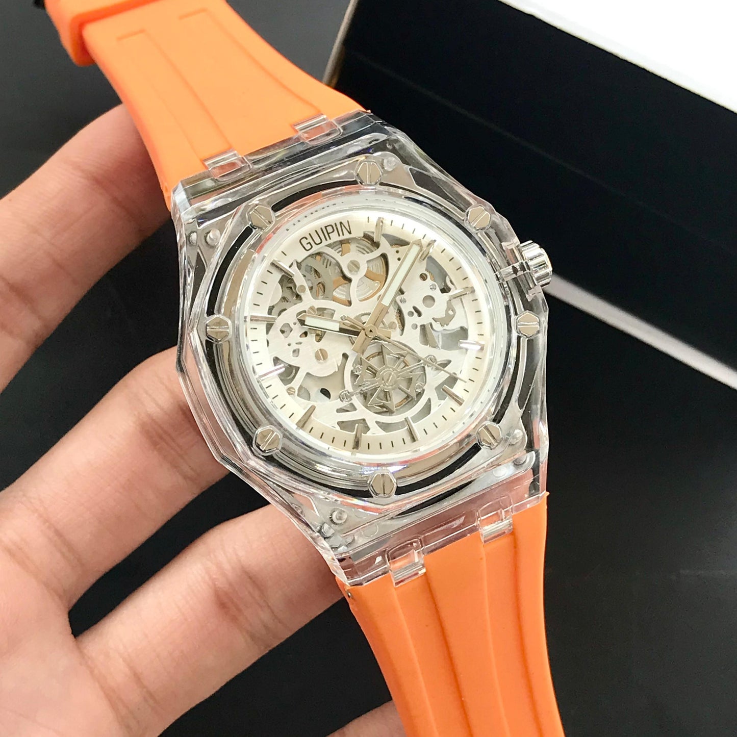Guipin Original Semi Auto Skeleton Dial Men's Watch Rubber Strap - Jewelsoftime