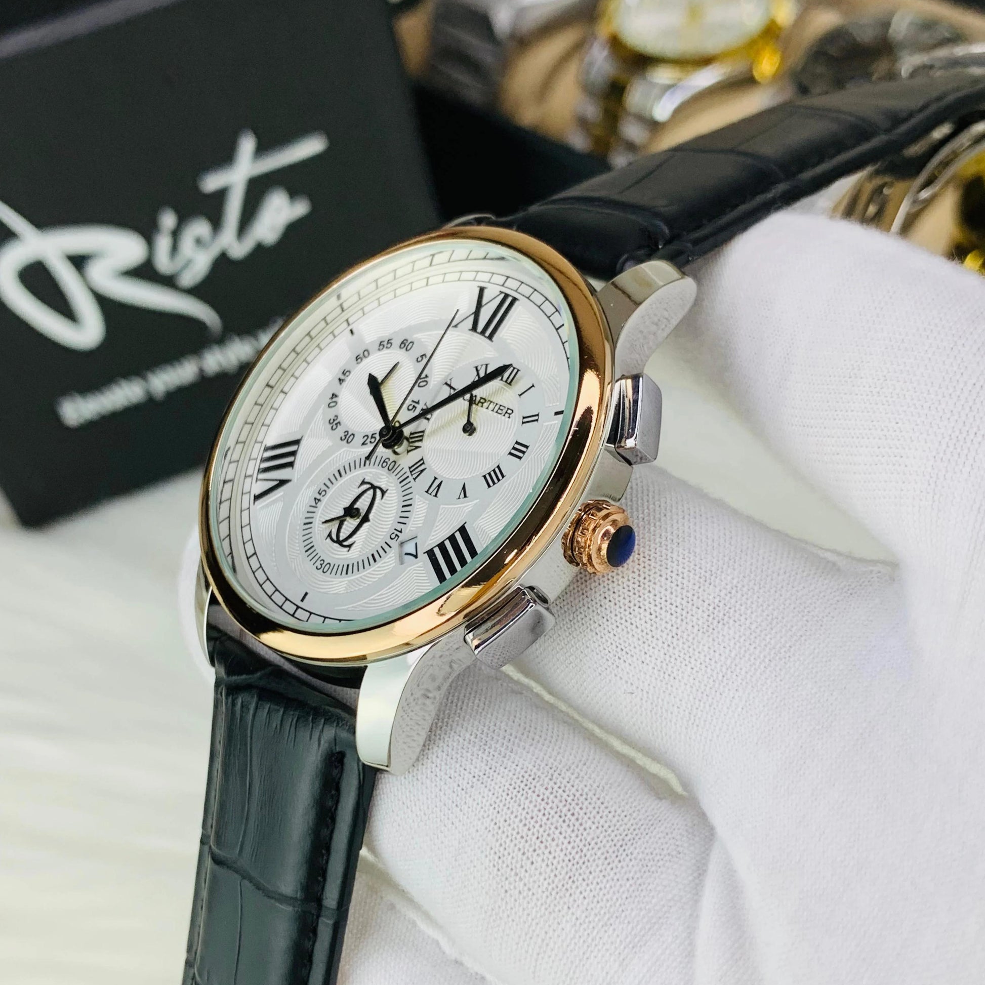 Cartier Men's Watch leather strap Automatic Movement Chronograph Down-Second Working Master Lock Clasp - Jewelsoftime