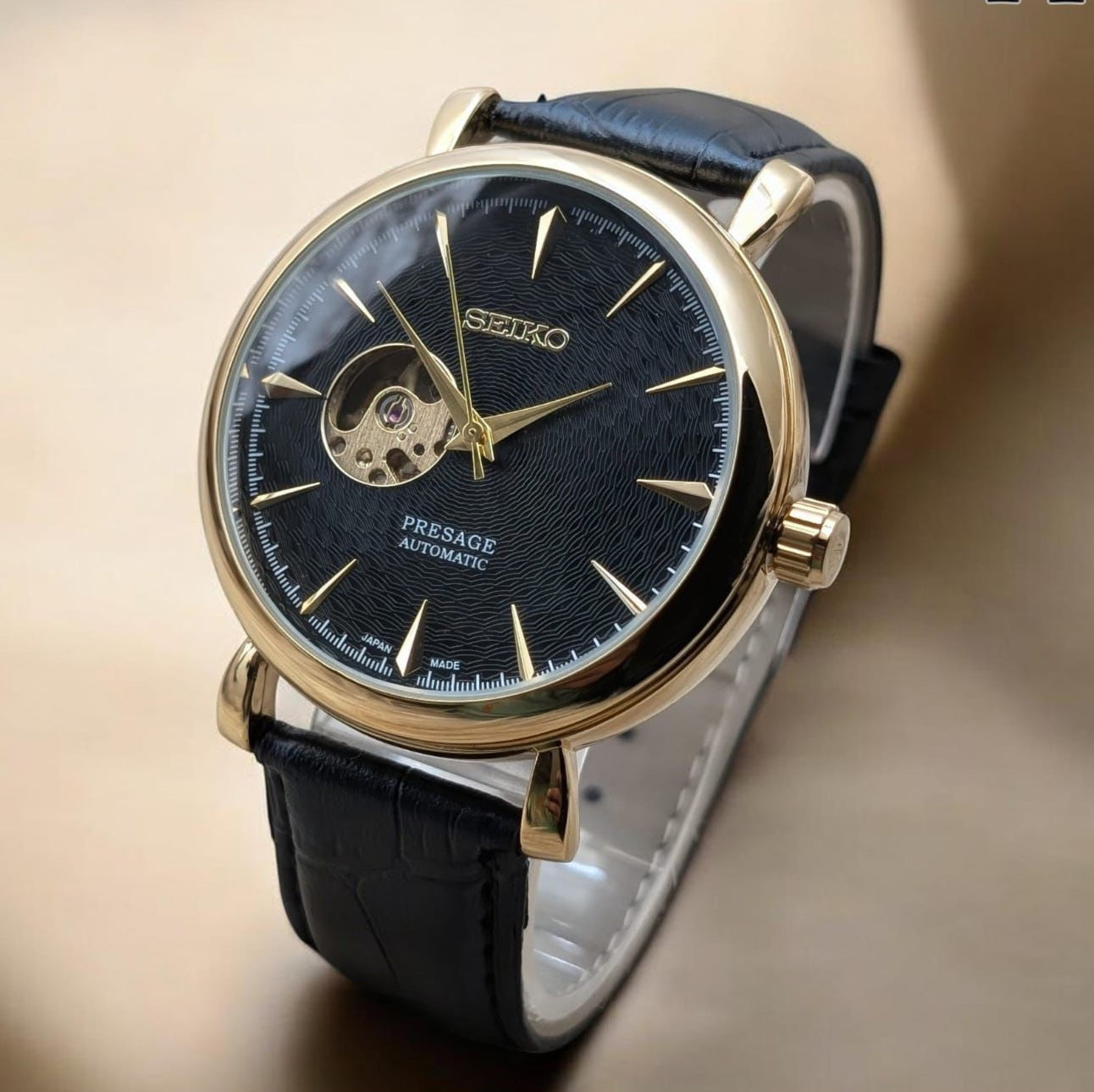 Seiko Presage Automatic watch Skeleton Dial & Back Leather strap Buckle Lock - Jewelsoftime