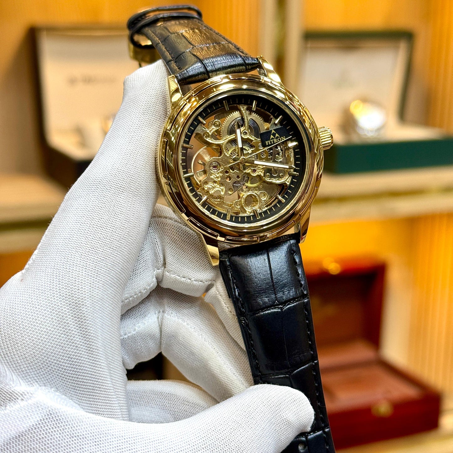 Fitron Skeleton Automatic Watch Leather Strap Buckle Lock Premium Quality - Jewelsoftime