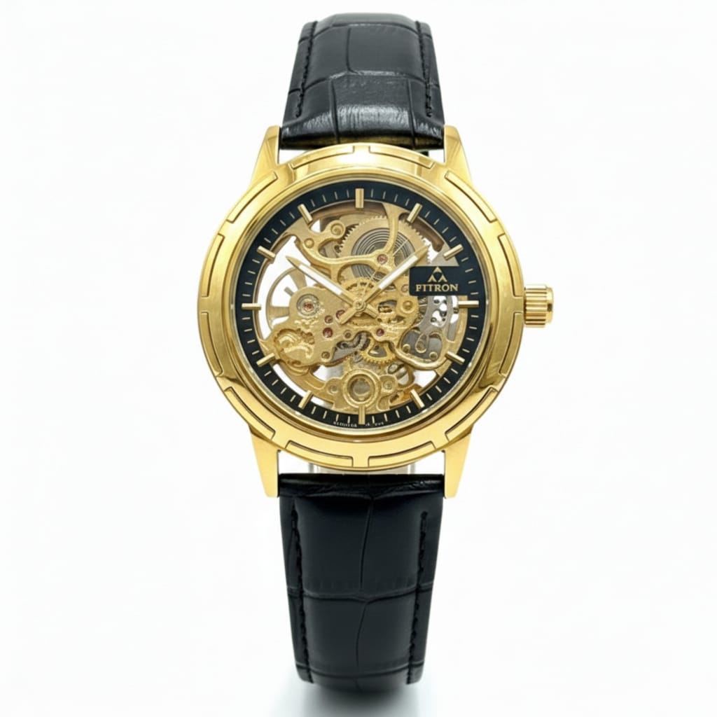 Fitron Skeleton Automatic Watch Leather Strap Buckle Lock Premium Quality - Jewelsoftime