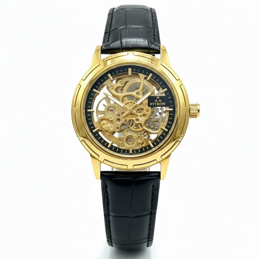 Fitron Skeleton Automatic Watch Leather Strap Buckle Lock Premium Quality - Jewelsoftime