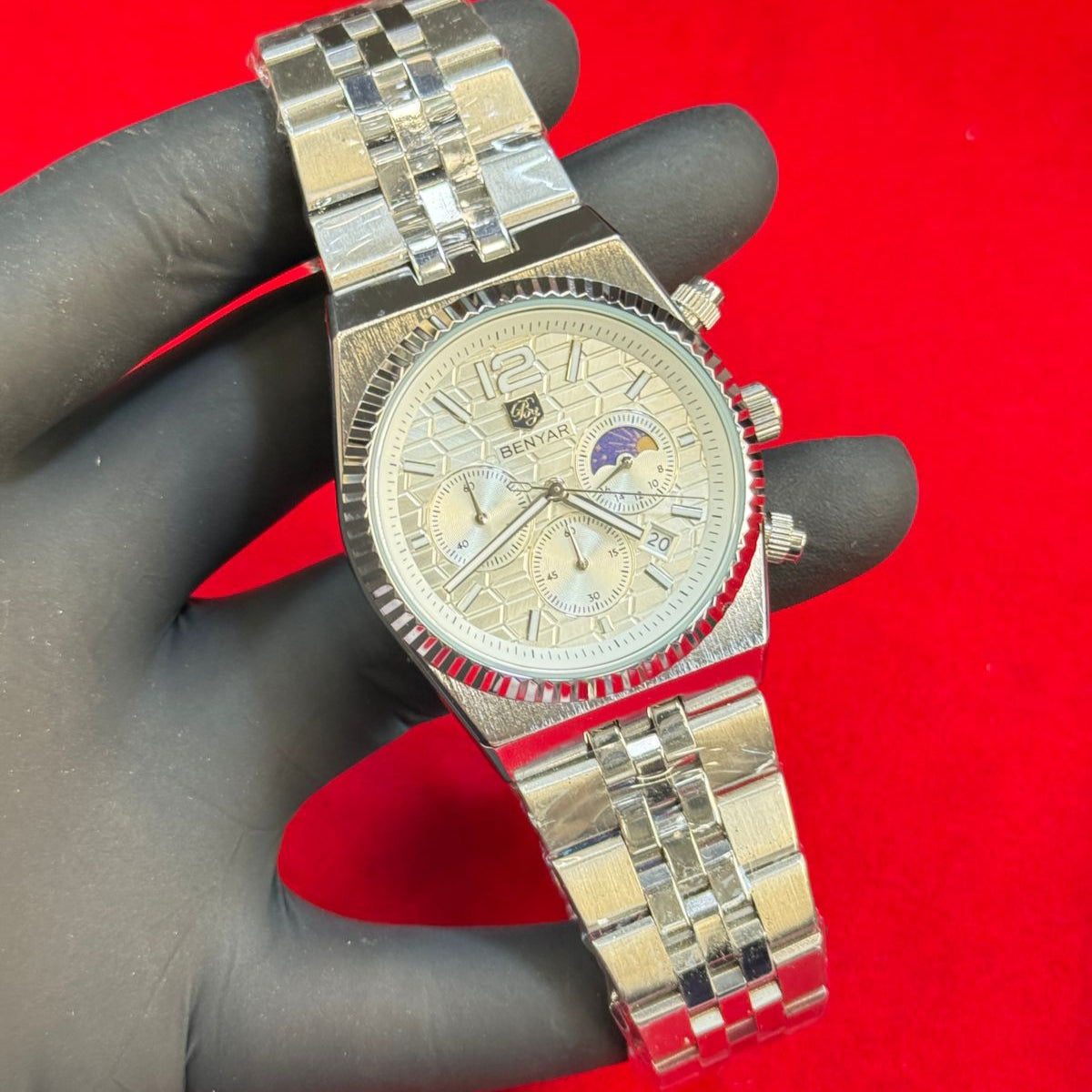 BENYAR Men's Watch Steel Belt Quartz Movement Date Working Chronograph Working Day/Night Phase Master Lock - Jewelsoftime