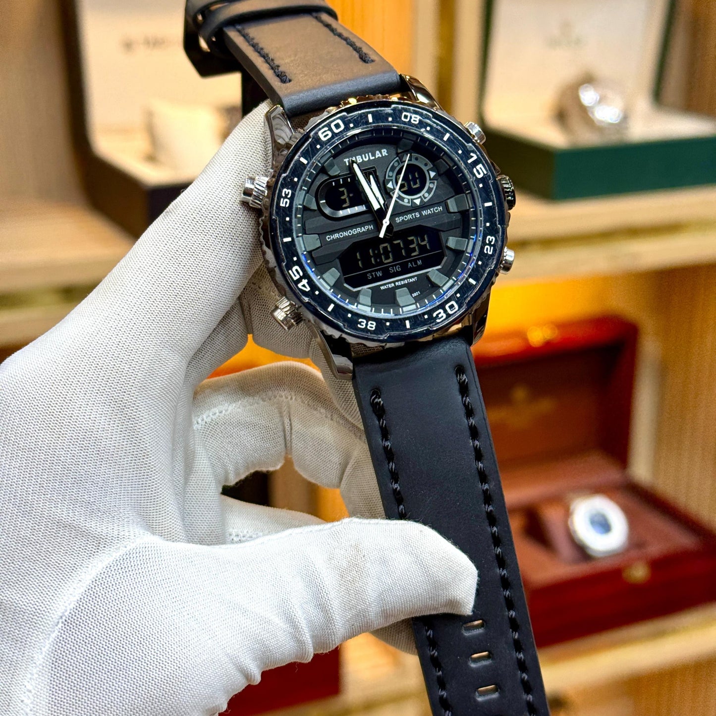 Tubular Original Men's Watch-Quartz Movement Leather Strap Rotatable Bezel Light Function Analogue + Digital Working - Jewelsoftime