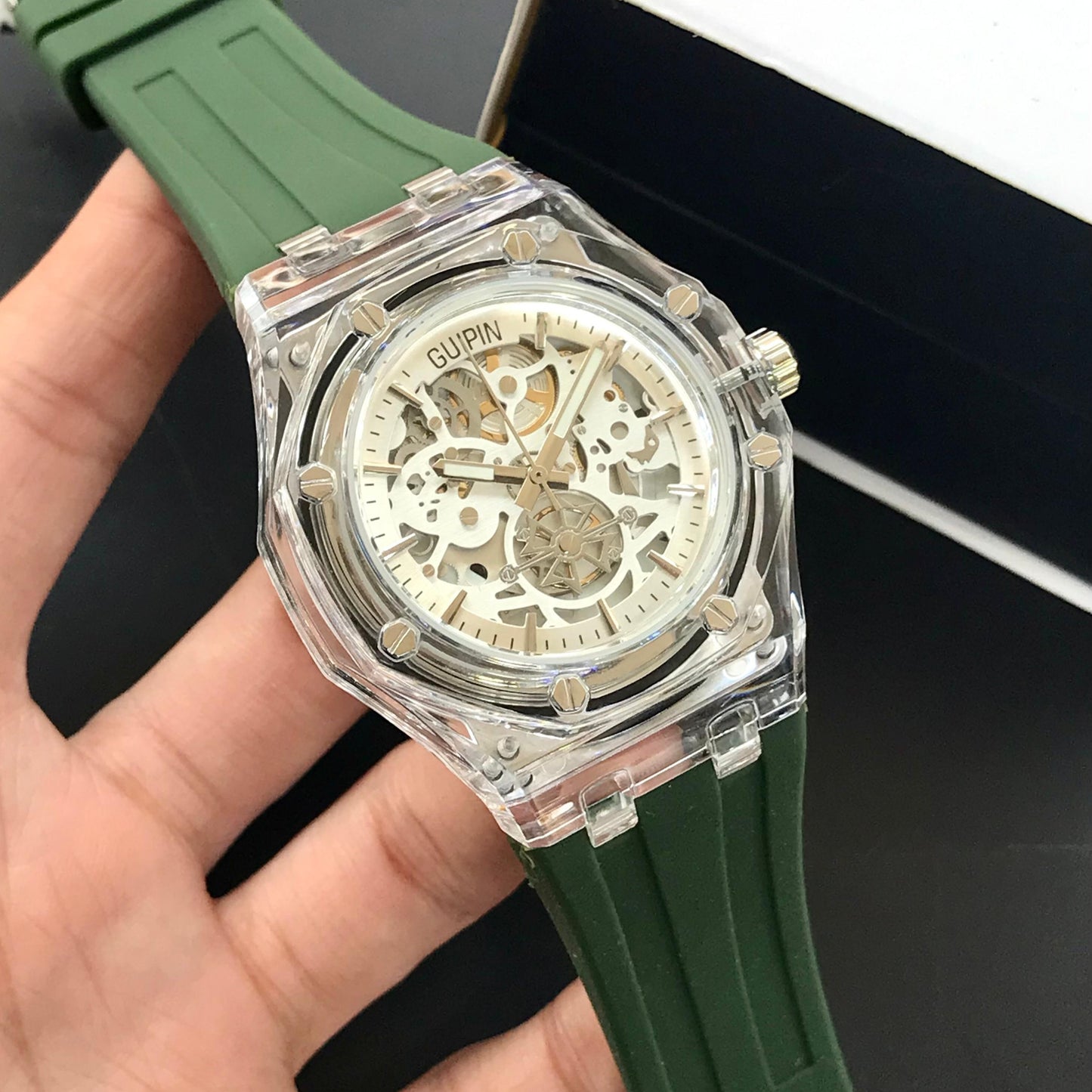 Guipin Original Semi Auto Skeleton Dial Men's Watch Rubber Strap - Jewelsoftime