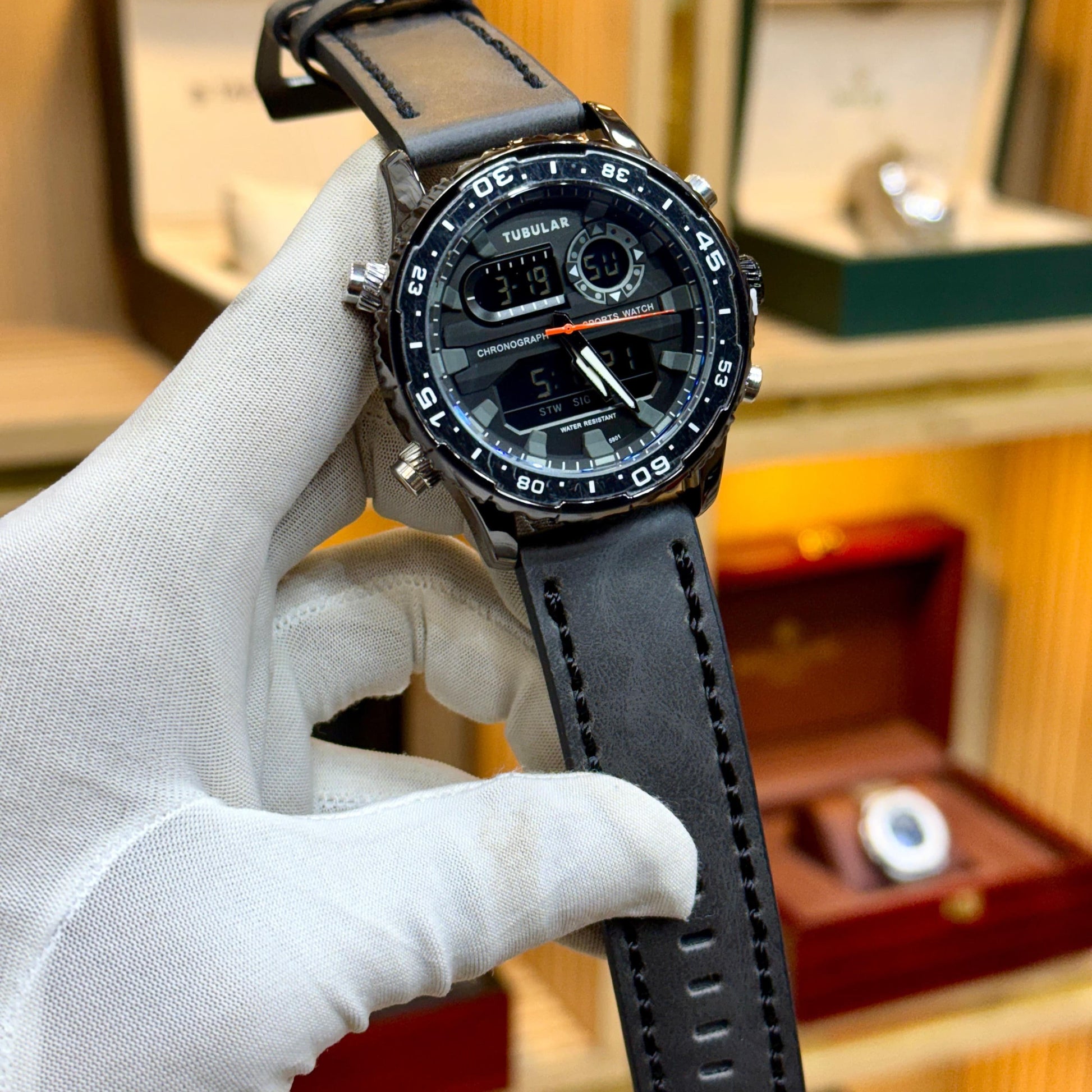 Tubular Original Men's Watch-Quartz Movement Leather Strap Rotatable Bezel Light Function Analogue + Digital Working - Jewelsoftime