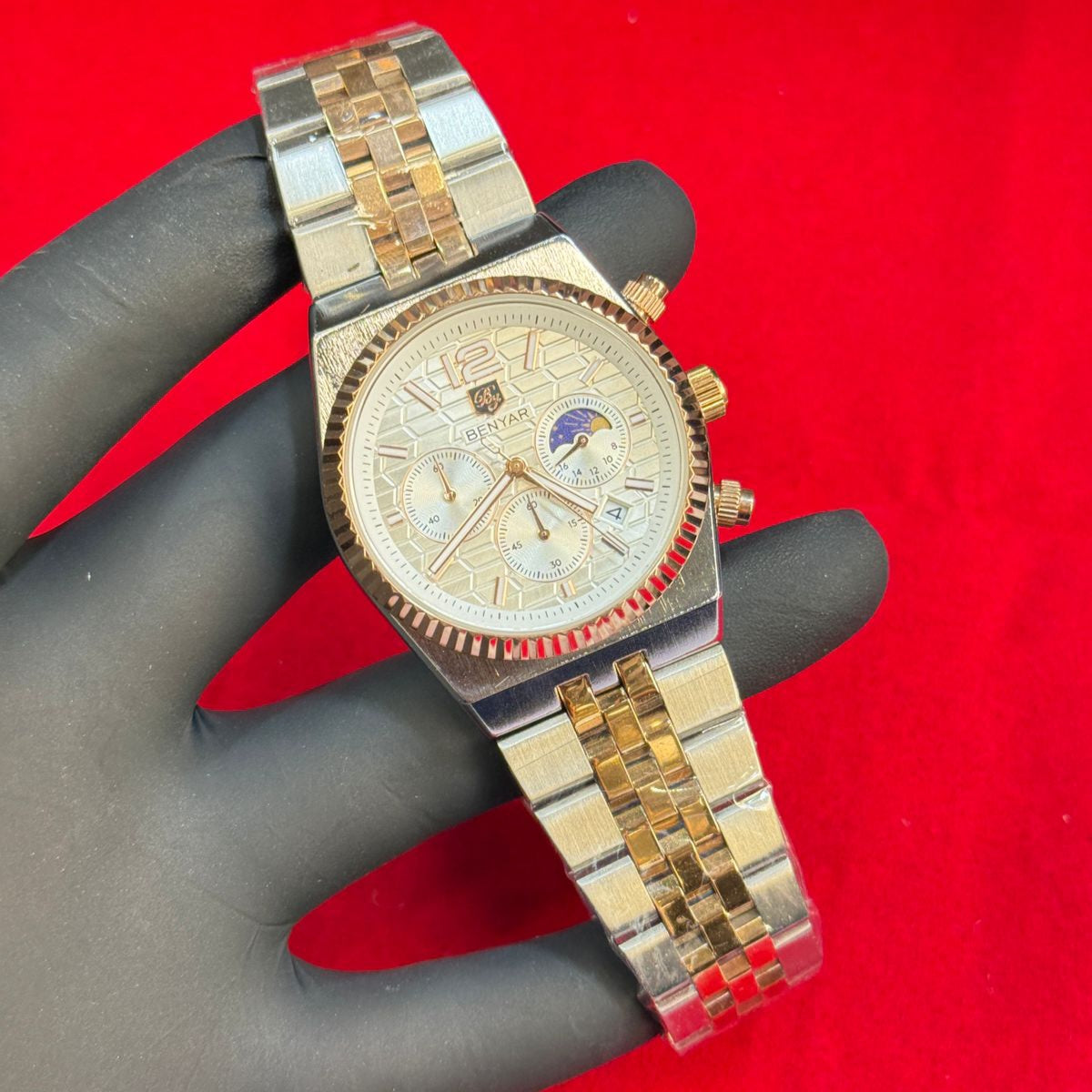 BENYAR Men's Watch Steel Belt Quartz Movement Date Working Chronograph Working Day/Night Phase Master Lock - Jewelsoftime