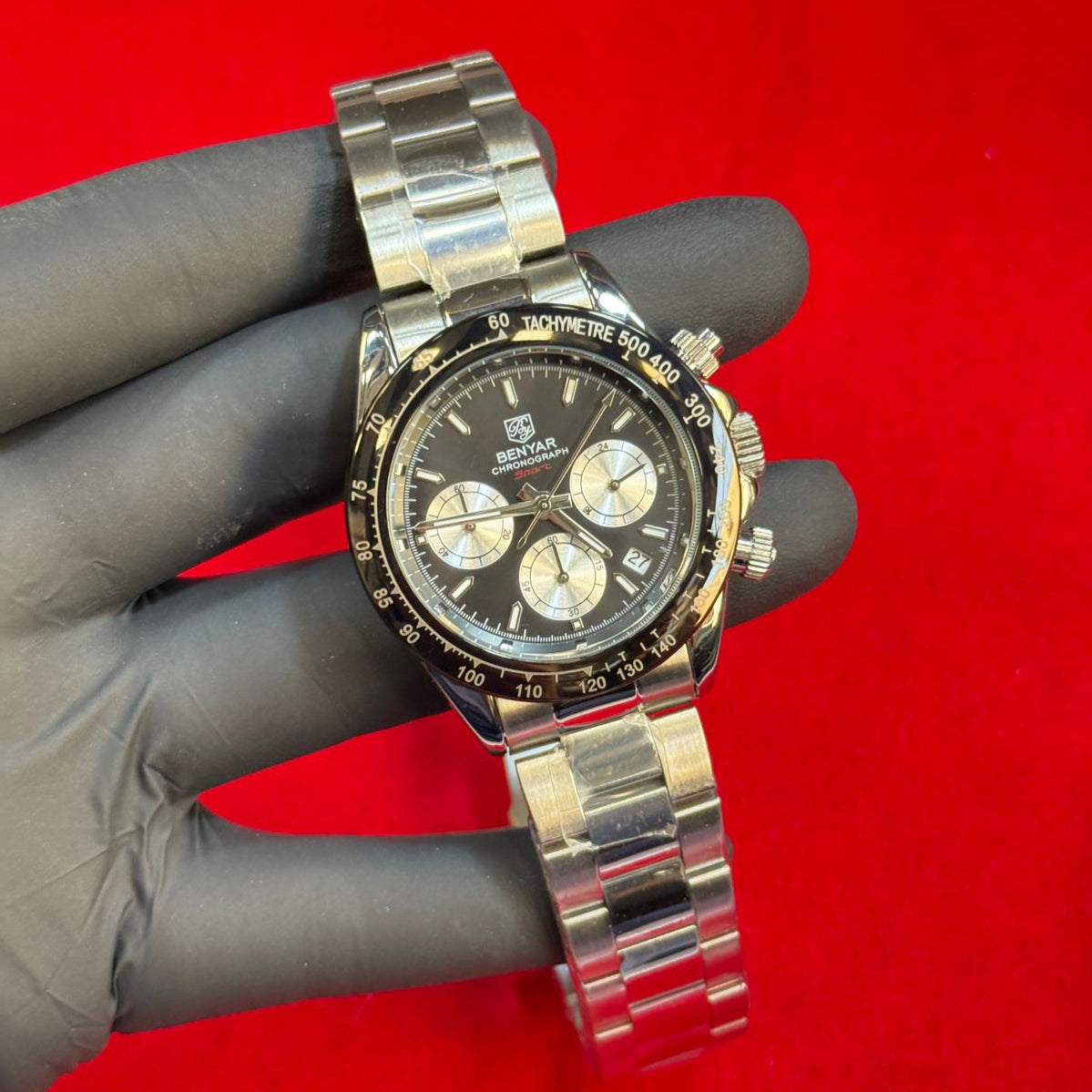 BENYAR Men’s Premium Chronograph Watch Steel Chain Quartz Movement Date Working Master Lock - Jewelsoftime