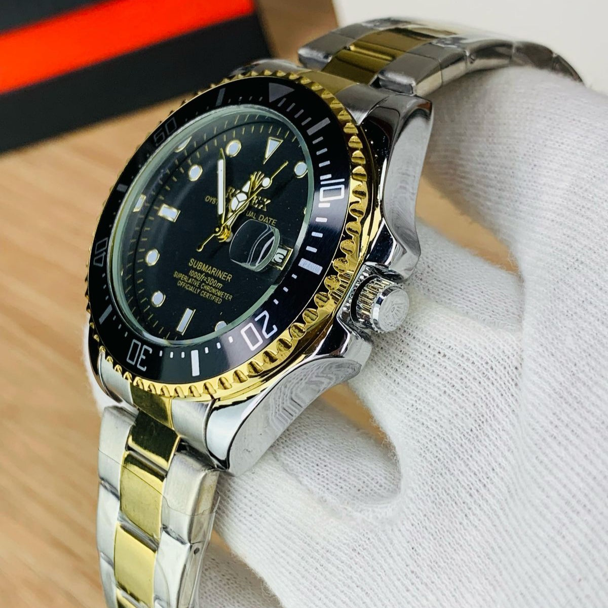 Two Tone Mens Silver Chain Wrist Watch With Black Dial - ROLEX SUBMARINER - Jewelsoftime